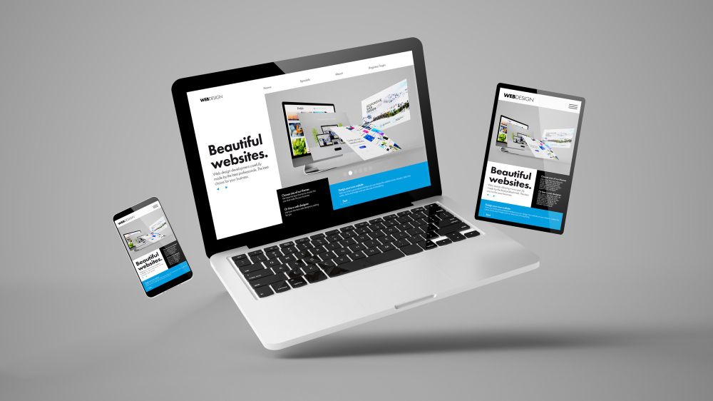 Flying laptop, mobile and tablet 3d rendering showing builder website responsive web design