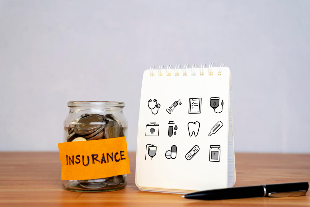 Insurance Financial Mason Jar With Coins Inside Written Budget Empty Notebook 