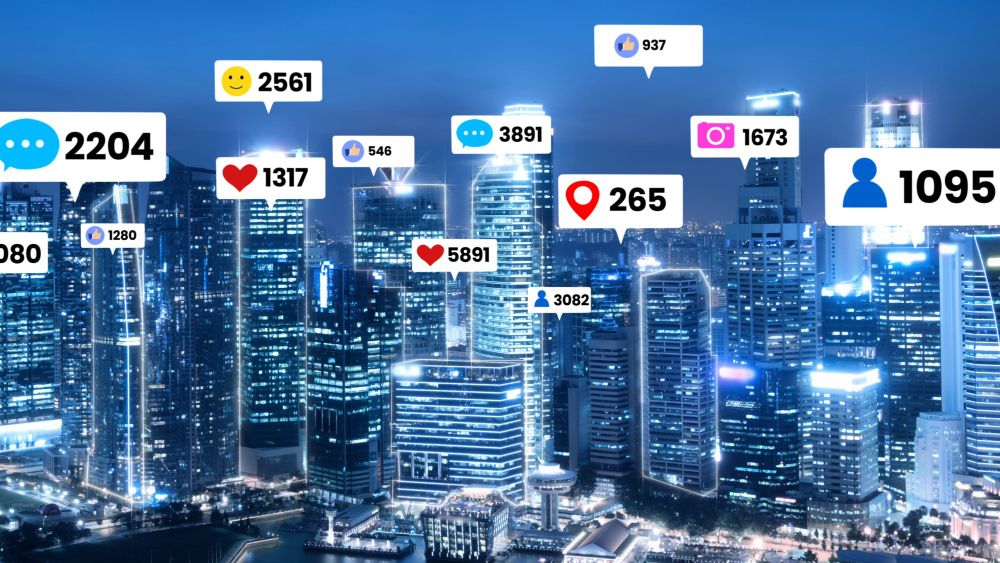 Social Media Icons Fly Over City Downtown Showing People Engagement Connection